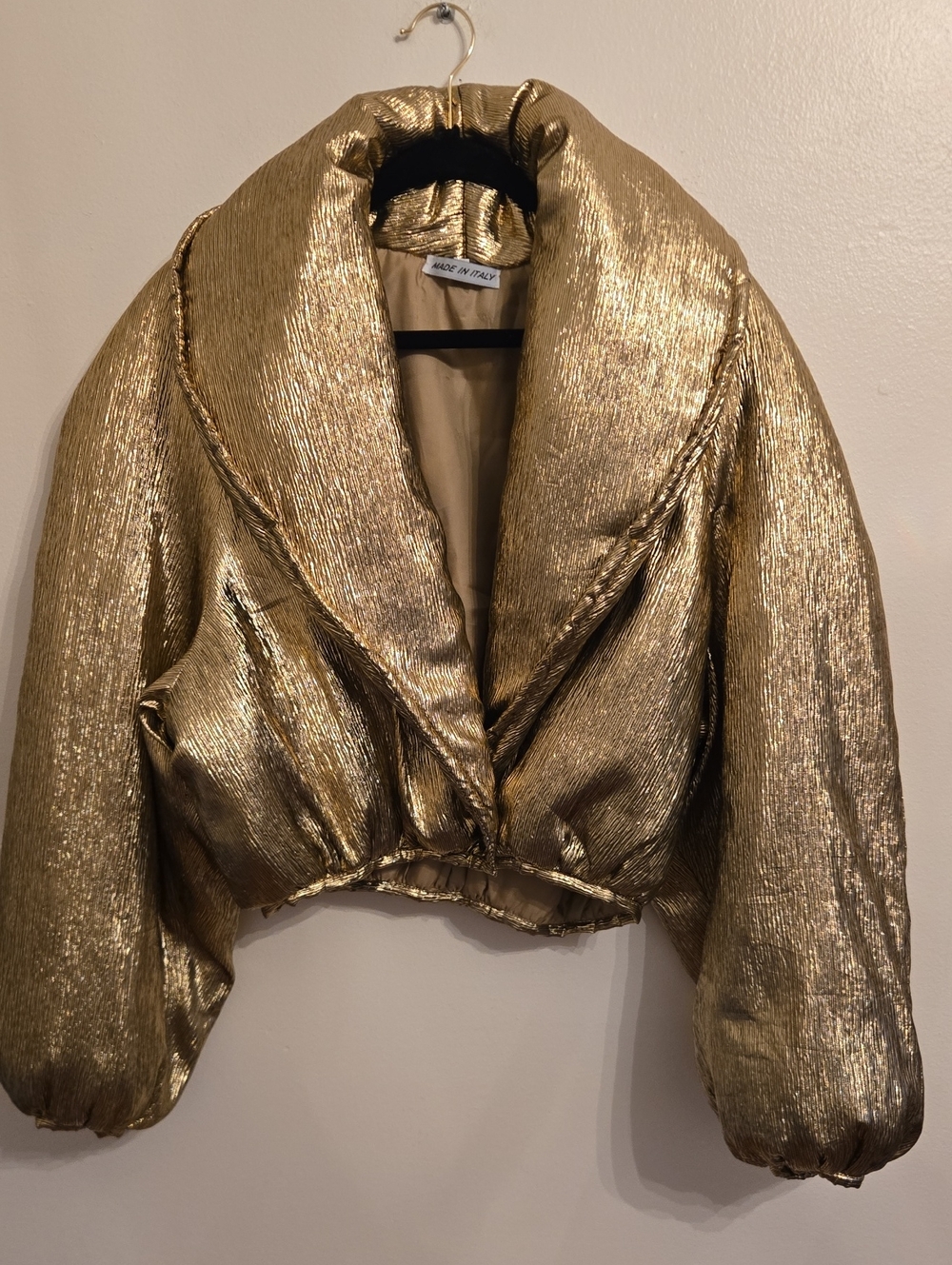 RARE! BYBLOS Vintage 90s Italy Gold Silk Lurex Cropped Puffer Jacket IT 42